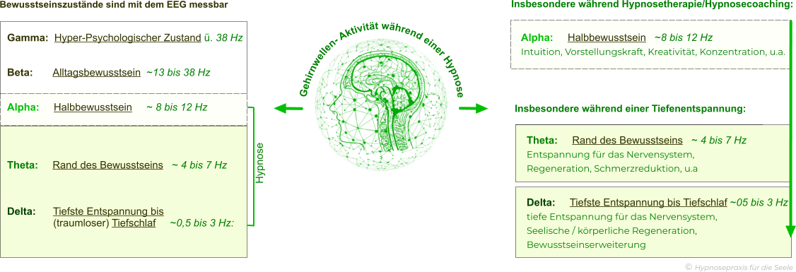 Gamma:  Hyper-Psychologischer Zustand ü. 38 Hz    Beta:       Alltagsbewusstsein  ~13 bis 38 Hz   Alpha:     Halbbewusstsein     ~ 8 bis 12 Hz     Theta:     Rand des Bewusstseins   ~ 4 bis 7 Hz    Delta:      Tiefste Entspannung bis                 (traumloser) Tiefschlaf     ~0,5 bis 3 Hz:  Bewusstseinszustände sind mit dem EEG messbar Alpha:     Halbbewusstsein   ~8 bis 12 Hz Intuition, Vorstellungskraft, Kreativität, Konzentration, u.a.       Gehirnwellen- Aktivität während einer Hypnose .       Theta:     Rand des Bewusstseins   ~ 4 bis 7 Hz Entspannung für das Nervensystem, Regeneration, Schmerzreduktion, u.a Delta:     Tiefste Entspannung bis Tiefschlaf ~05 bis 3 Hz tiefe Entspannung für das Nervensystem, Seelische / körperliche Regeneration,Bewusstseinserweiterung Insbesondere während einer Tiefenentspannung:  Insbesondere während Hypnosetherapie/Hypnosecoaching:  Hypnose © Hypnosepraxis für die Seele